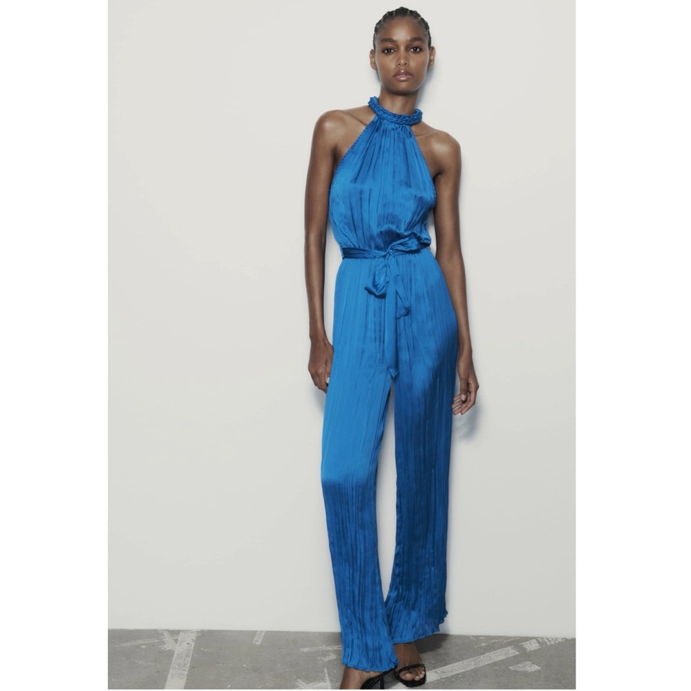 Zara Blue Halter Satin Wrinkled Effect Jumpsuit size S
